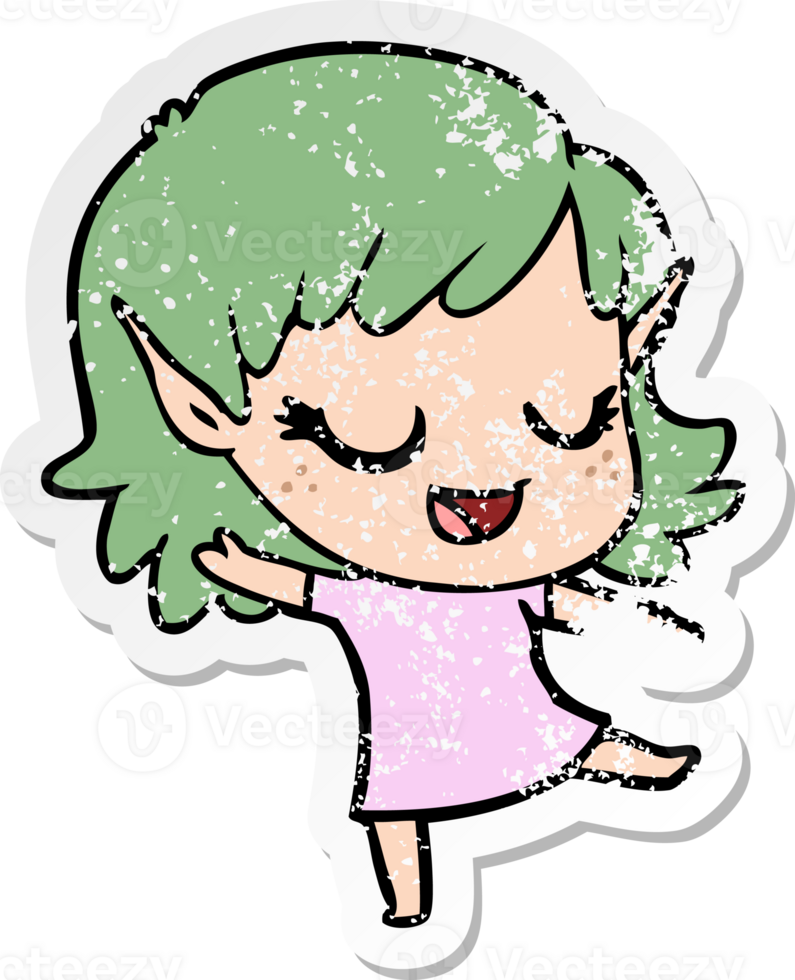 distressed sticker of a happy cartoon elf girl png
