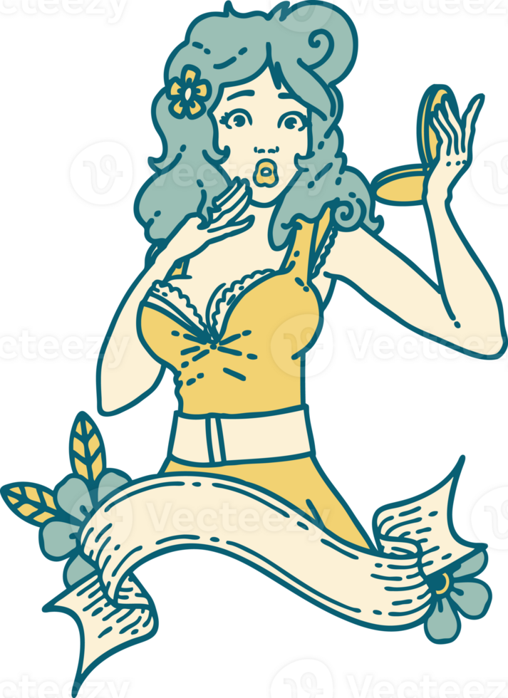 iconic tattoo style image of a pinup surprised girl with banner png