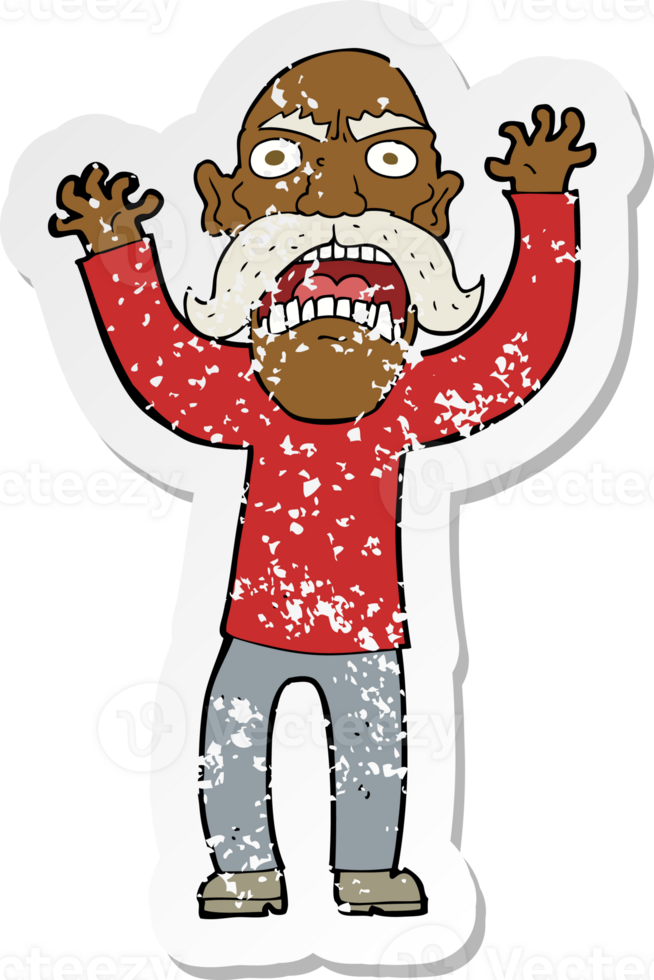 retro distressed sticker of a cartoon angry old man png
