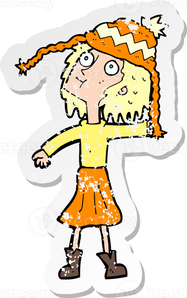 retro distressed sticker of a cartoon woman wearing winter hat png