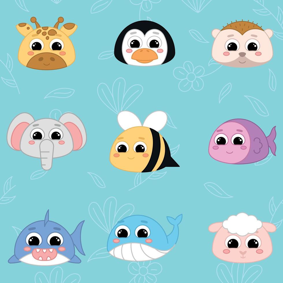 Cute kawaii emoji animal icons set vector