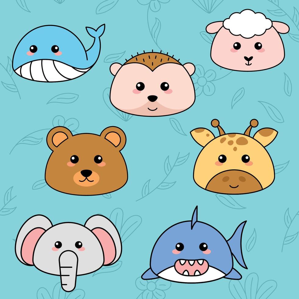 Cute kawaii emoji animal icons set vector