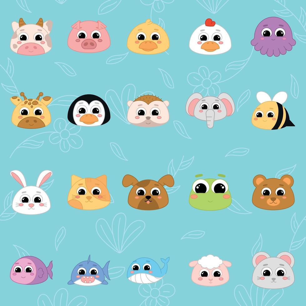Cute kawaii emoji animal icons set vector