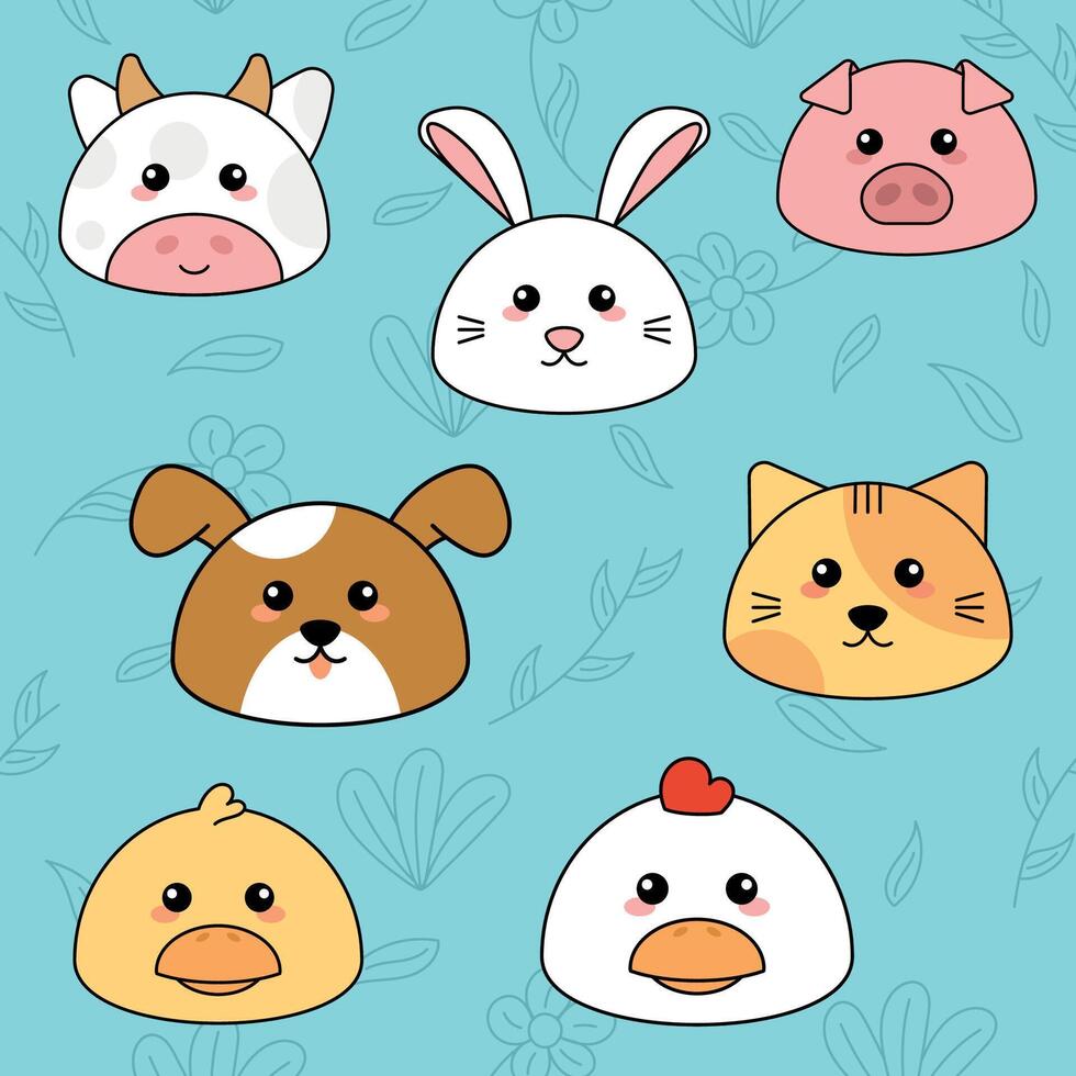 Cute kawaii emoji animal icons set vector
