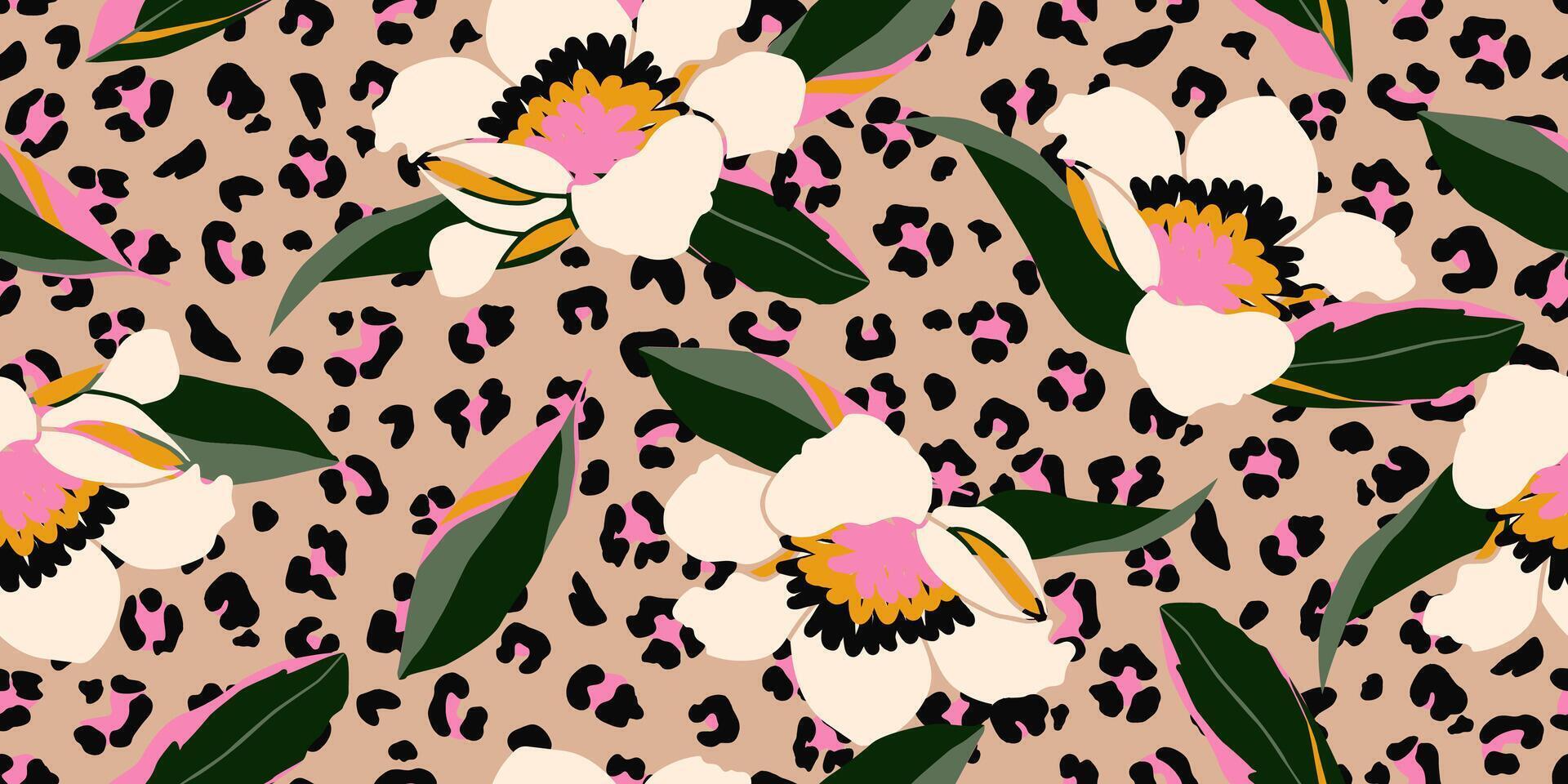 exótico mano dibujado flores imprimir, sin costura patrones con floral y leopardo para tela, textiles, ropa, póster, cubrir, bandera, pared arte, hogar decoración, resumen antecedentes. vector