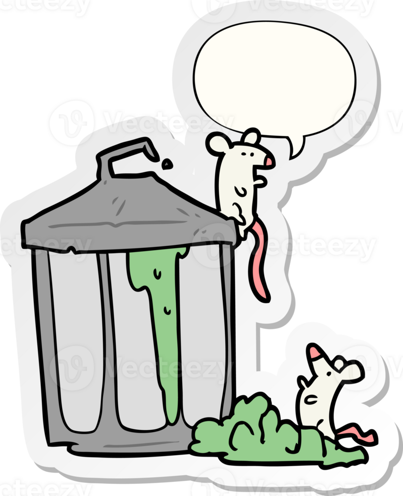 cartoon old metal garbage can with mice with speech bubble sticker png