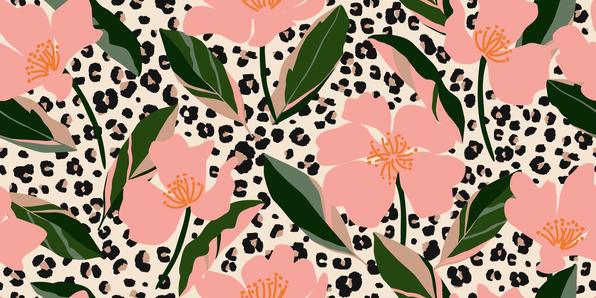 exótico mano dibujado flores imprimir, sin costura patrones con floral y leopardo para tela, textiles, ropa, póster, cubrir, bandera, pared arte, hogar decoración, resumen antecedentes. vector