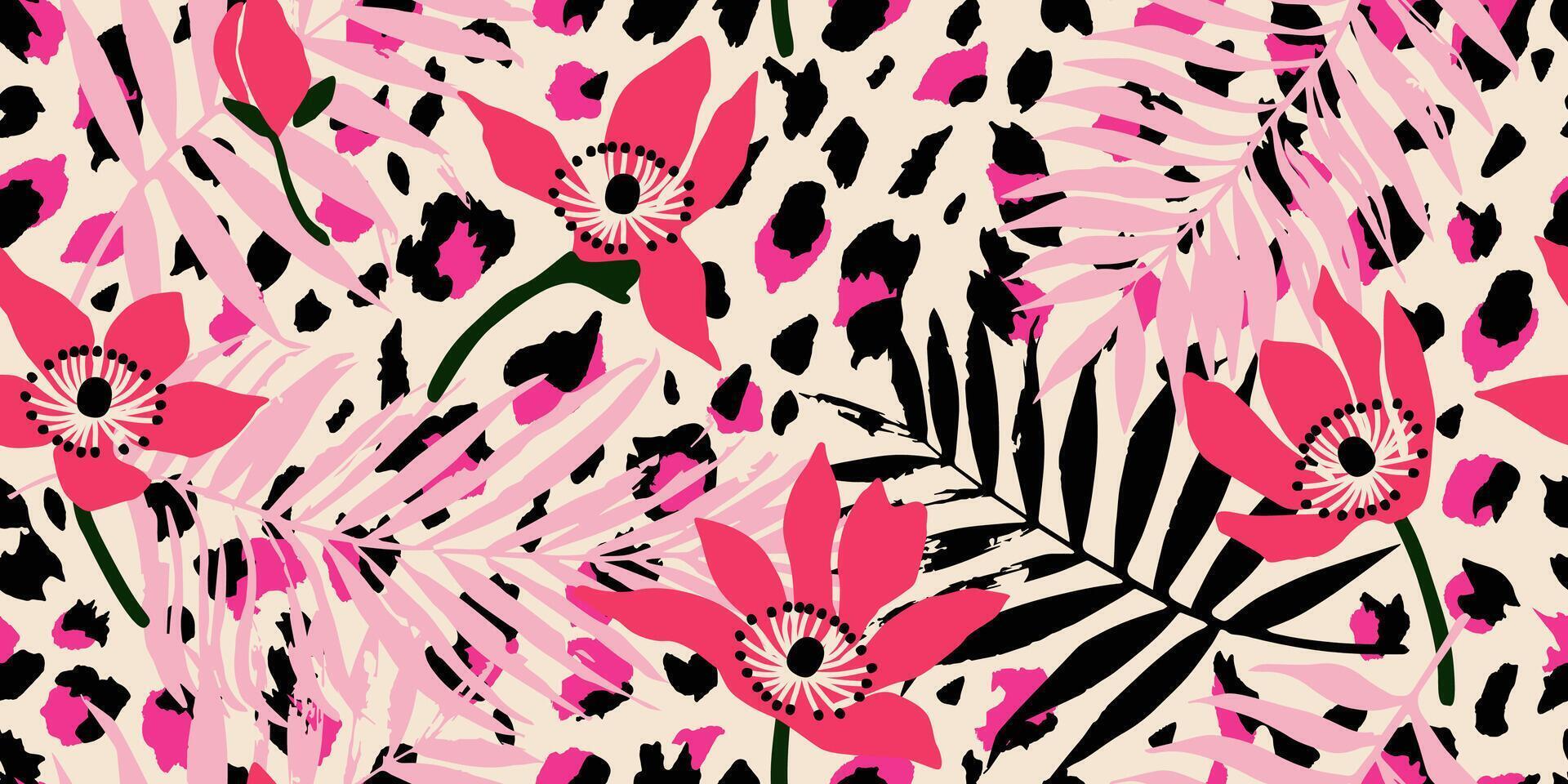 exótico mano dibujado flores imprimir, sin costura patrones con floral y leopardo para tela, textiles, ropa, póster, cubrir, bandera, pared arte, hogar decoración, resumen antecedentes. vector