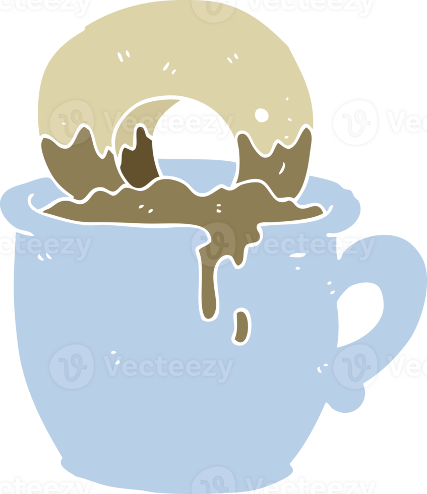 flat color illustration of donut dunked in coffee png
