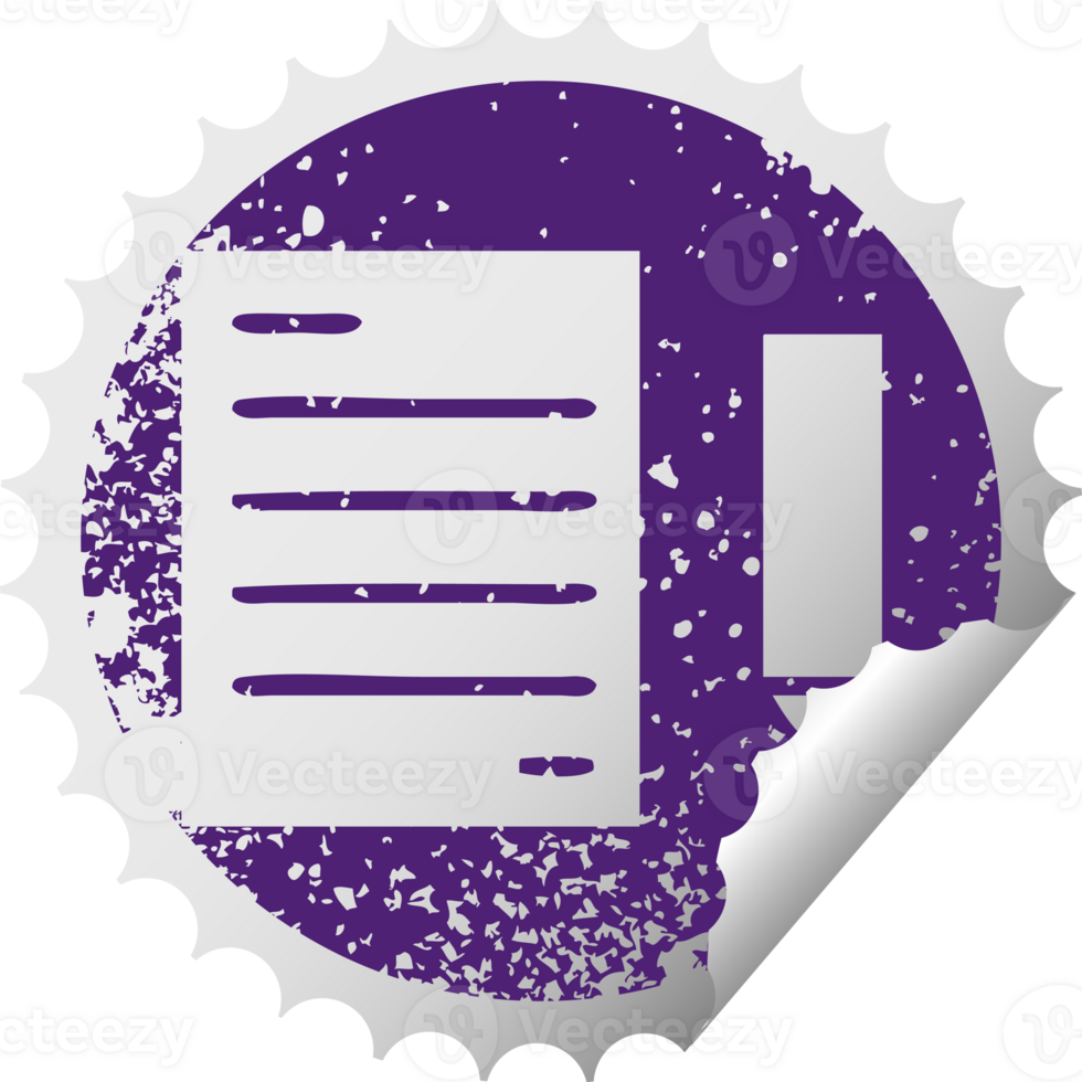 distressed circular peeling sticker symbol of a pencil and paper png