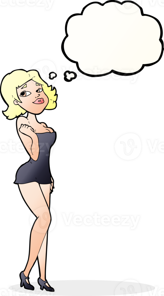 cartoon attractive woman in short dress with thought bubble png