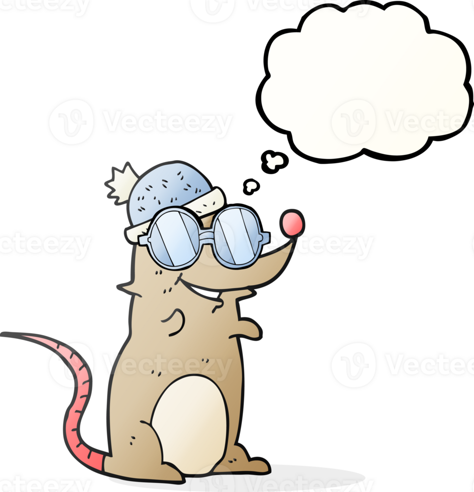 hand drawn thought bubble cartoon mouse wearing glasses and hat png