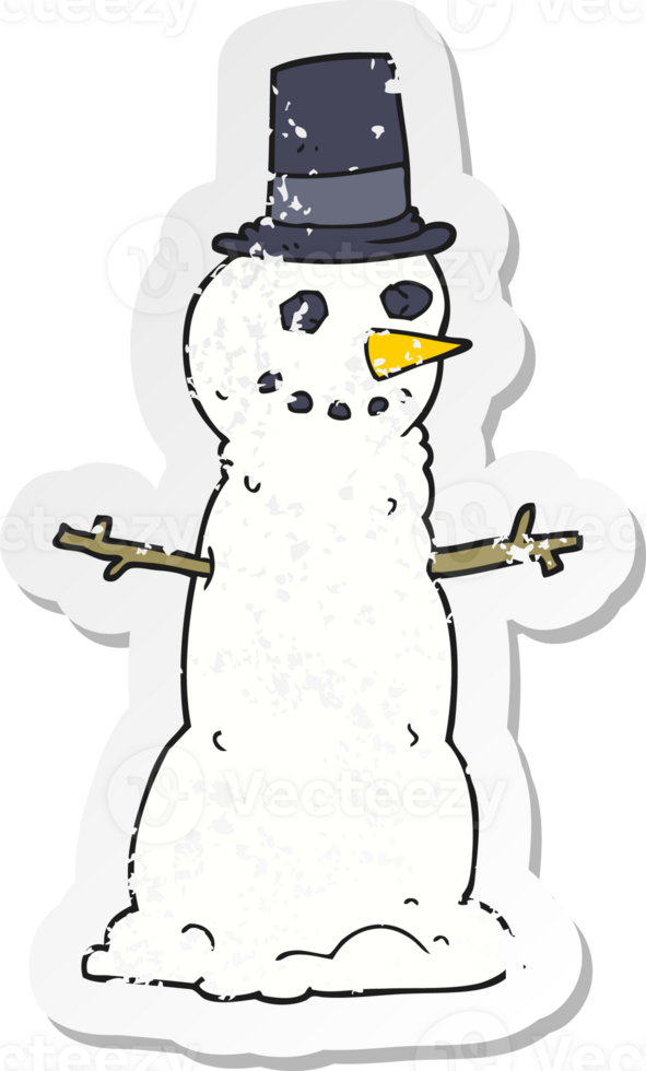 retro distressed sticker of a cartoon snowman in top hat png