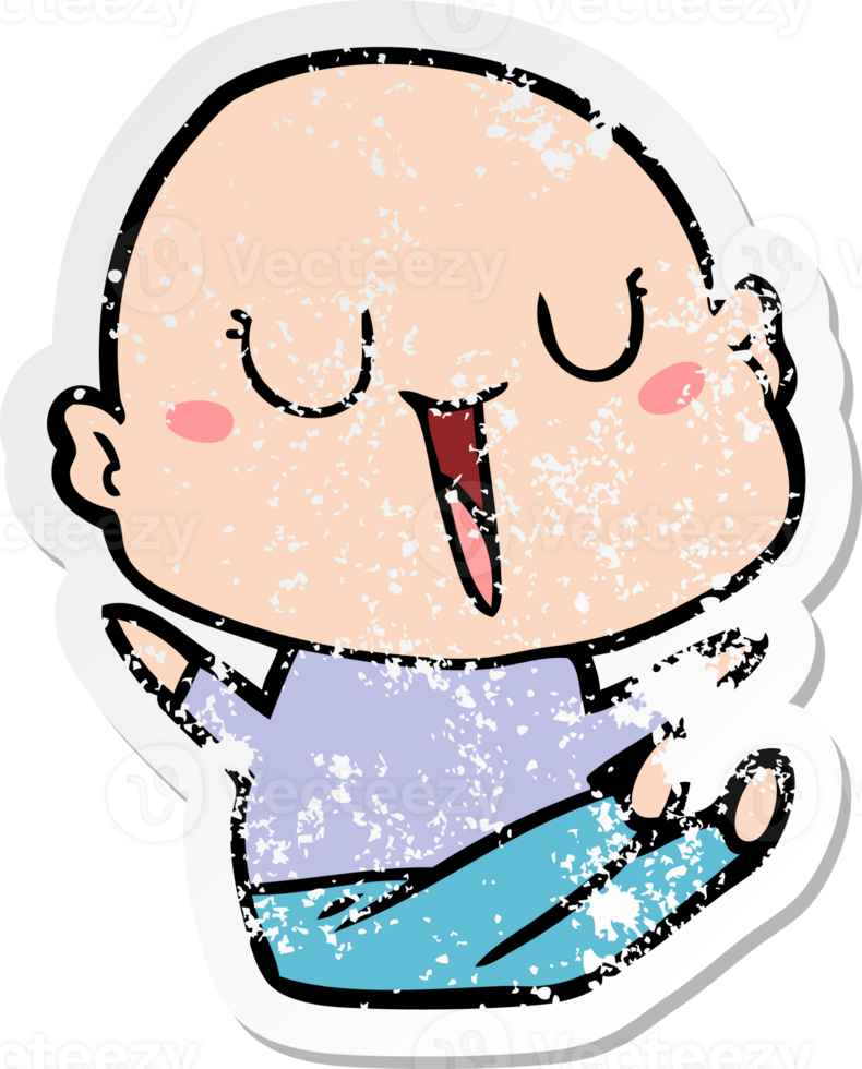 distressed sticker of a happy cartoon bald man png