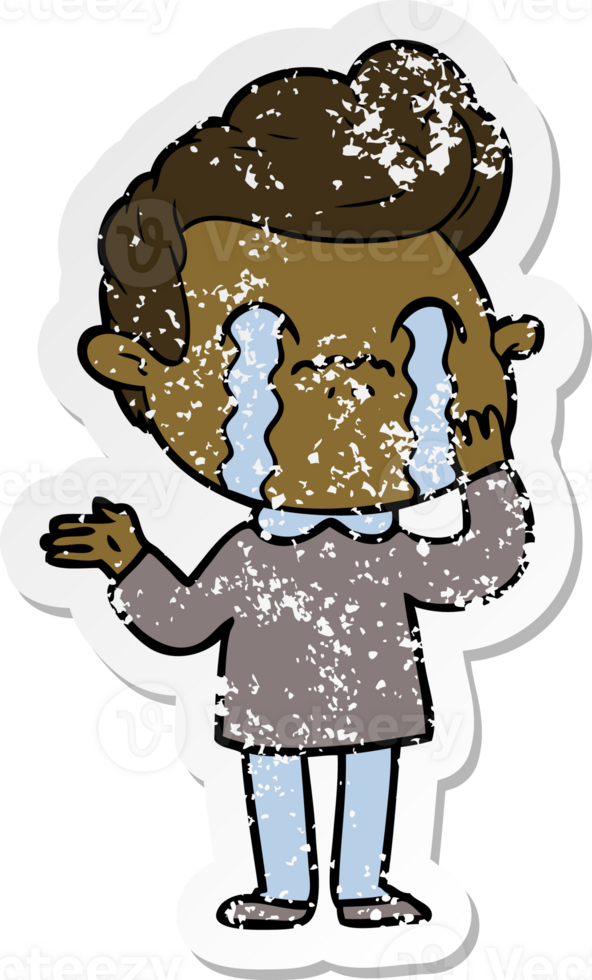 distressed sticker of a cartoon man crying png