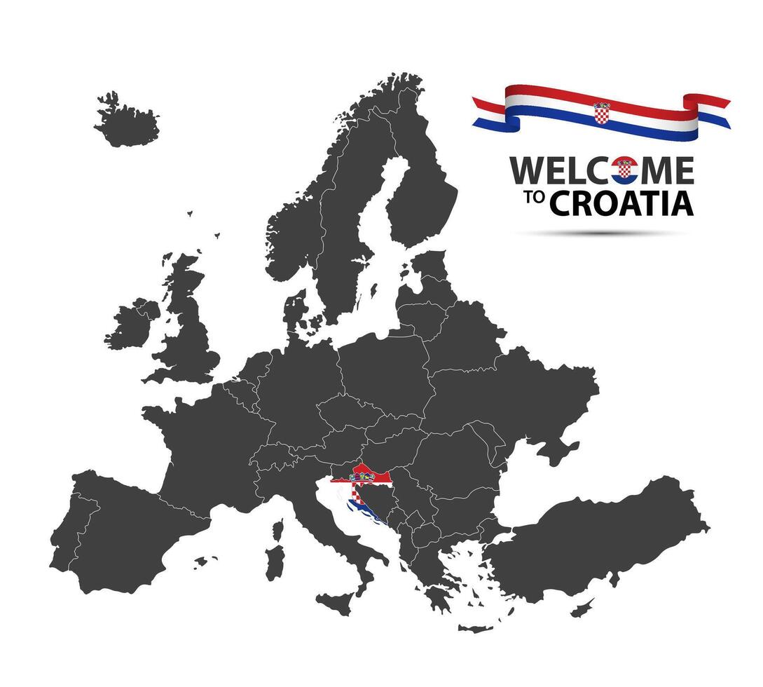 illustration of a map of Europe with the state of Croatia in the appearance of the Croatian flag and Croatian ribbon isolated on a white background vector