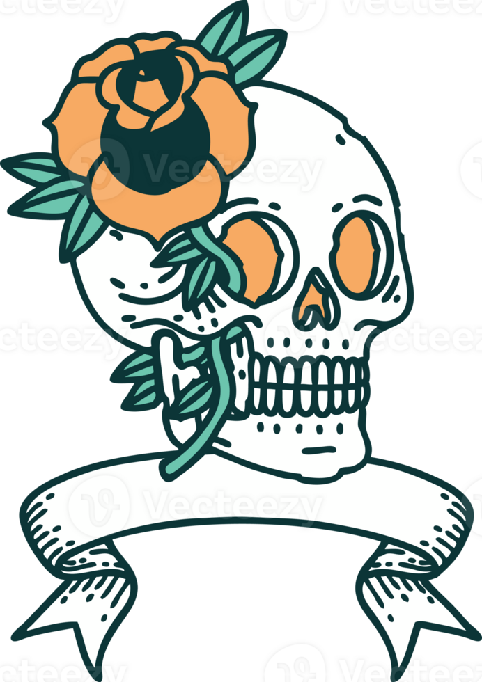 traditional tattoo with banner of a skull and rose png