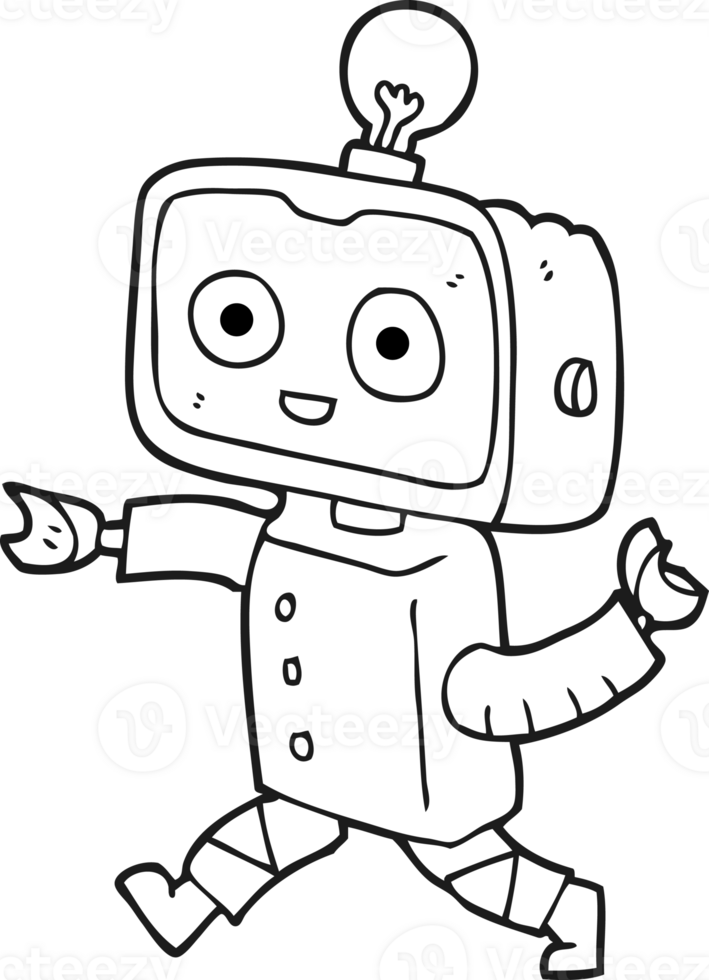 hand drawn black and white cartoon little robot png