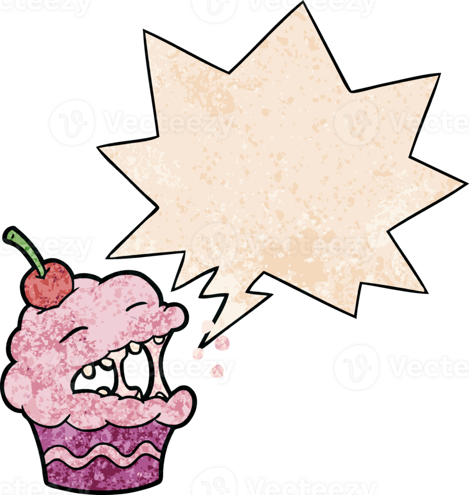 funny cartoon cupcake with speech bubble in retro texture style png