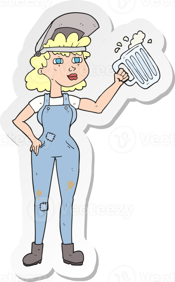 sticker of a cartoon hard working woman with beer png