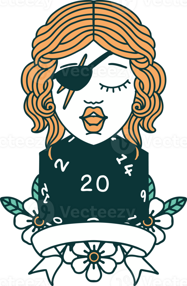Retro Tattoo Style human rogue with natural 20 dice roll png