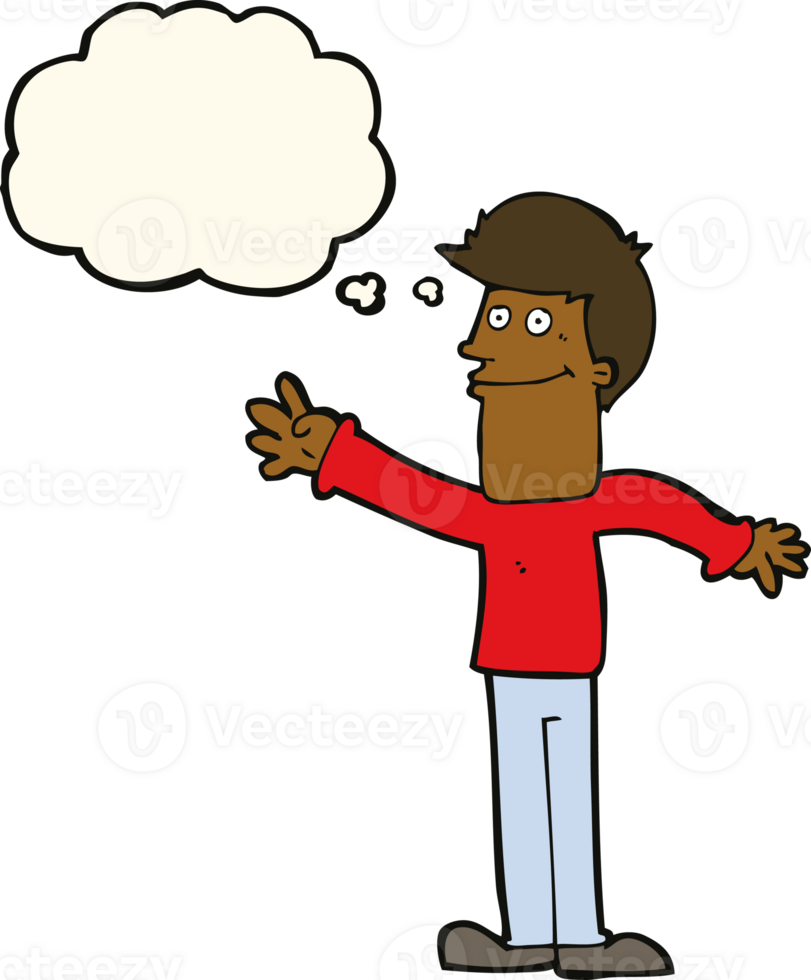 cartoon happy man waving with thought bubble png