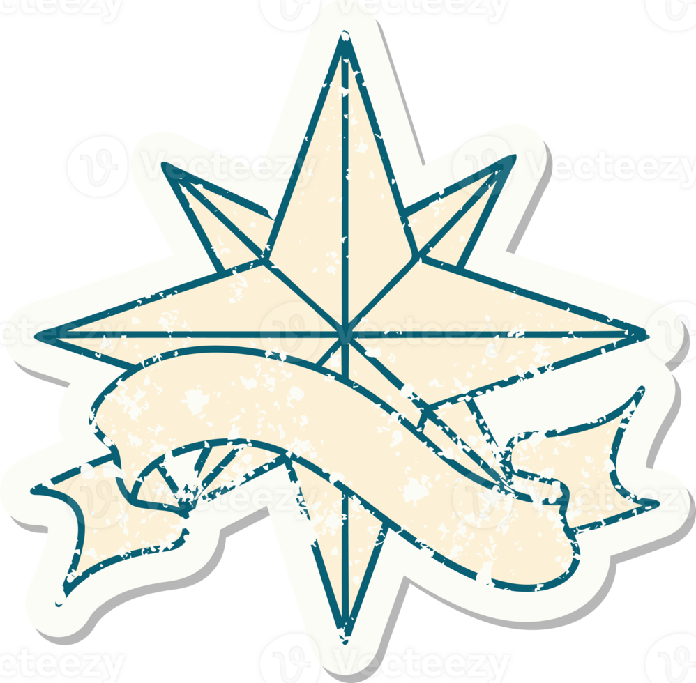 worn old sticker with banner of a star png