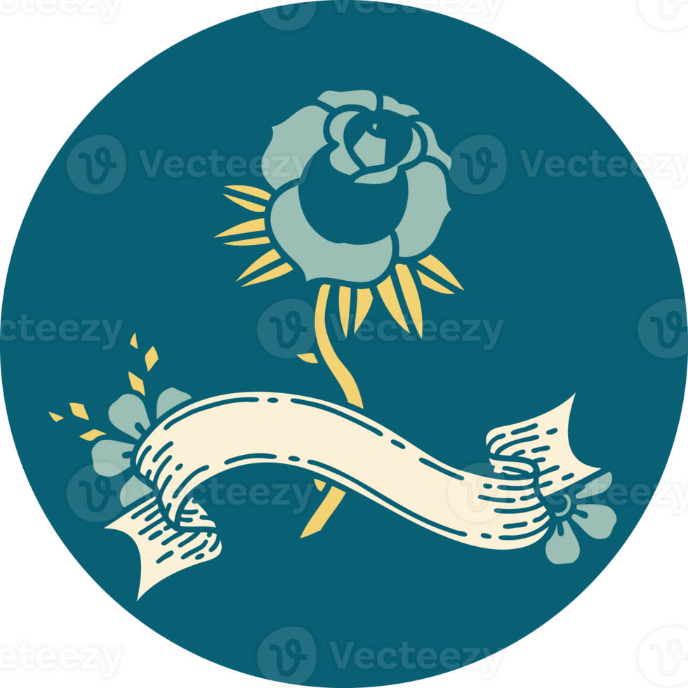 tattoo style icon with banner of a rose png