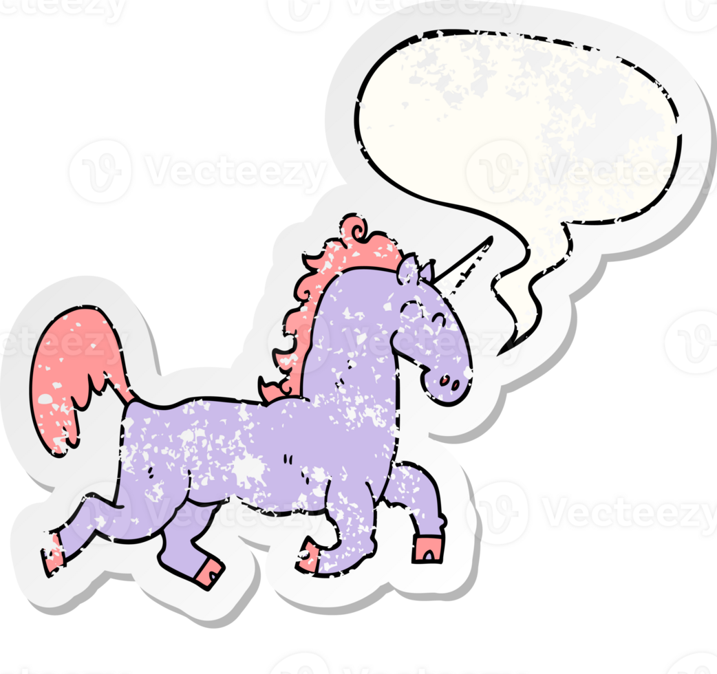 cartoon unicorn with speech bubble distressed distressed old sticker png