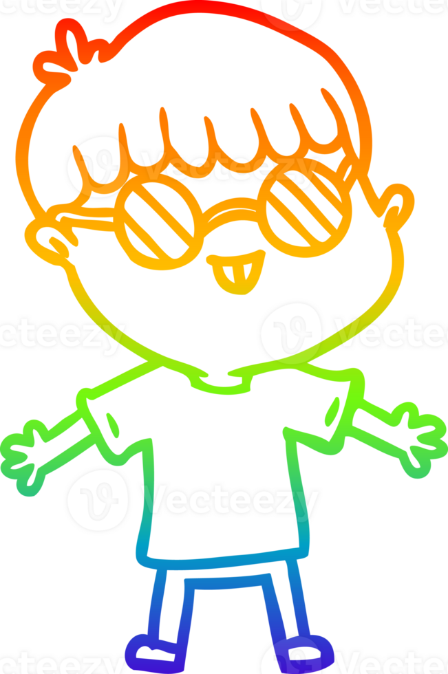 rainbow gradient line drawing of a cartoon boy wearing spectacles png