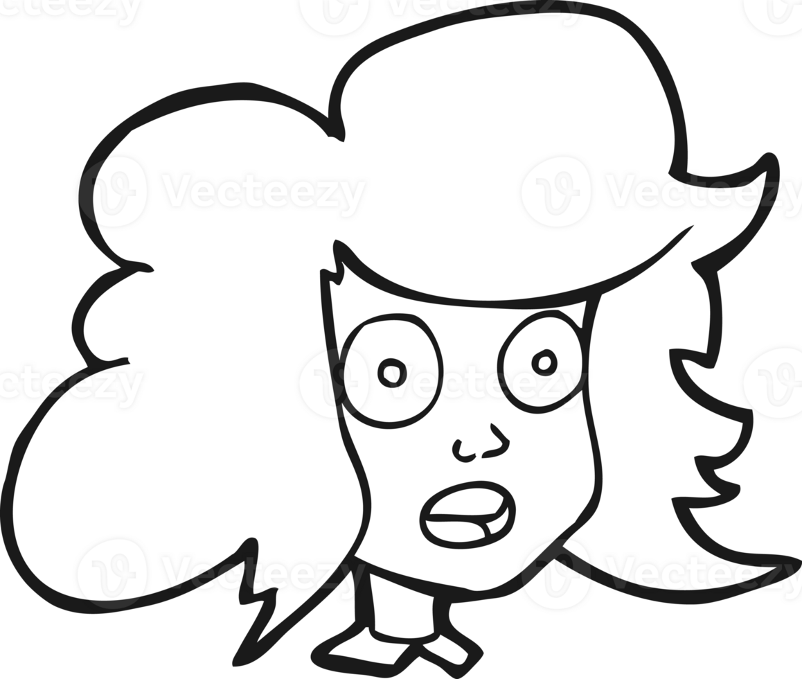 hand drawn black and white cartoon surprised female face png