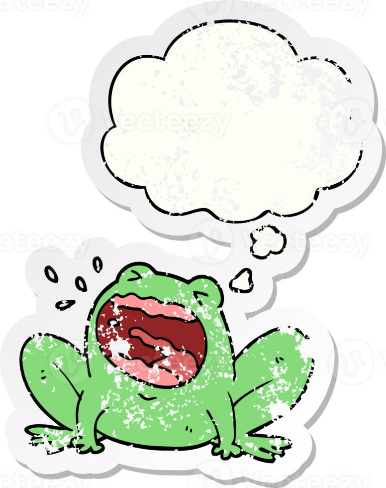 cartoon frog shouting with thought bubble as a distressed worn sticker png