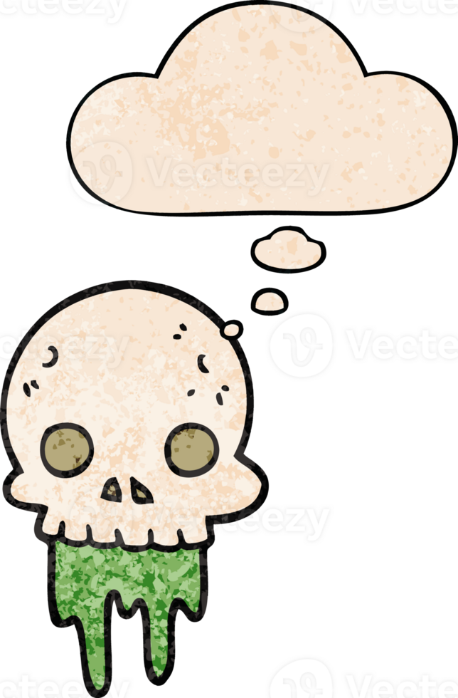 cartoon spooky halloween skull with thought bubble in grunge texture style png