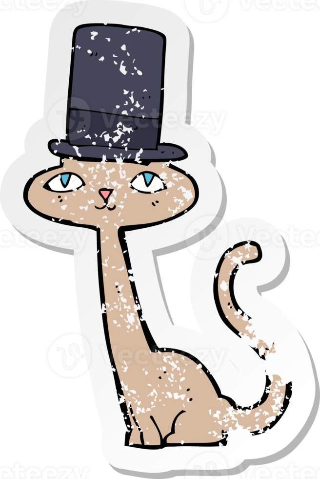 retro distressed sticker of a cartoon cat in top hat png