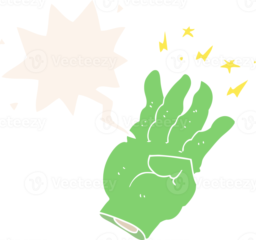 cartoon spooky magic hand with speech bubble in retro style png