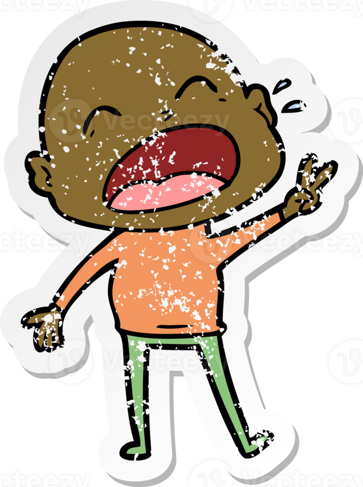 distressed sticker of a cartoon shouting bald man png