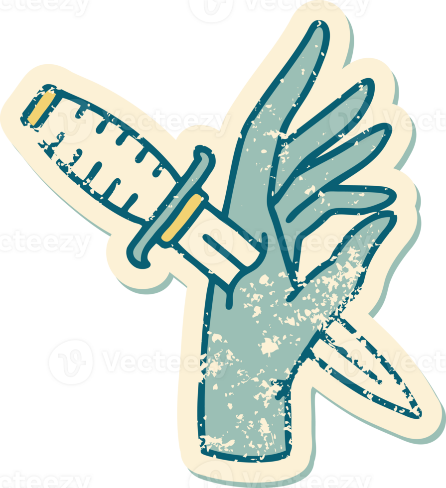 iconic distressed sticker tattoo style image of a dagger in the hand png