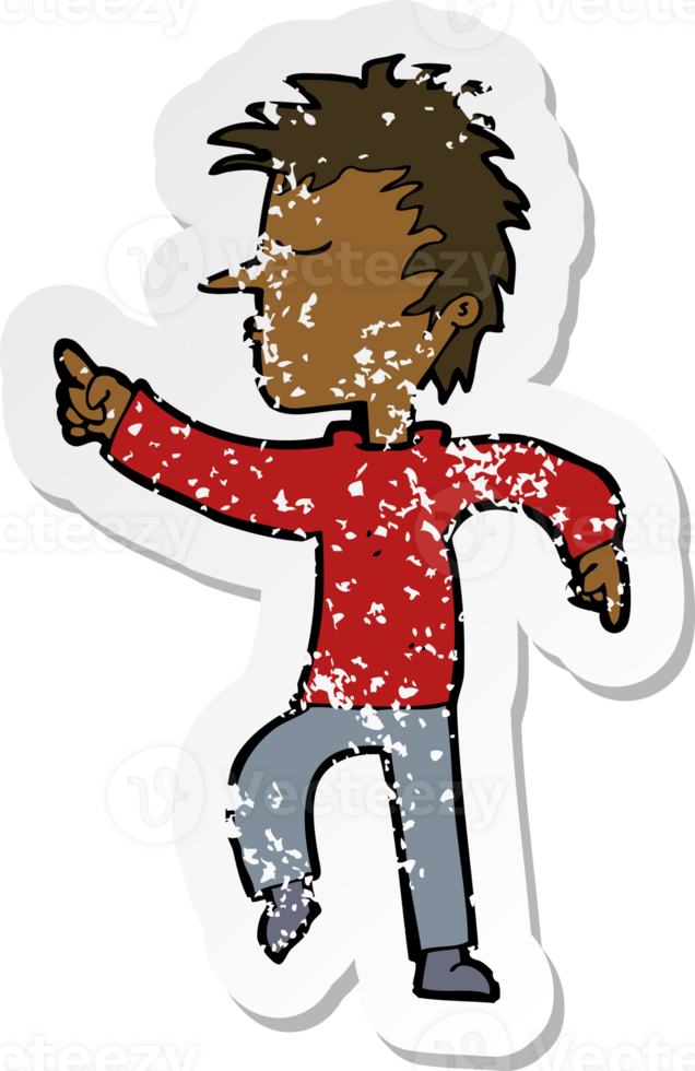 retro distressed sticker of a cartoon man pointing png
