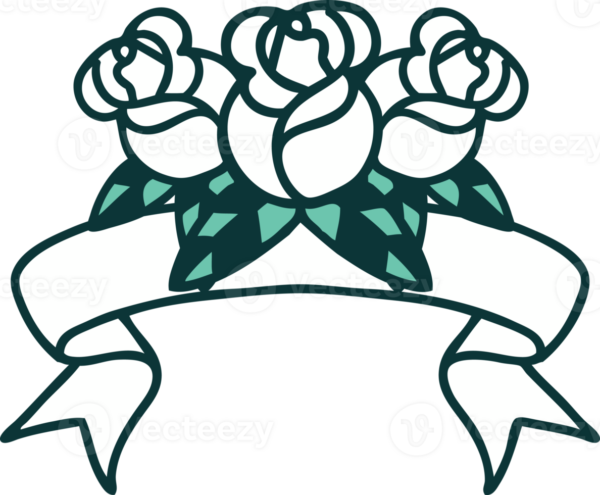 traditional tattoo with banner of a bouquet of flowers png