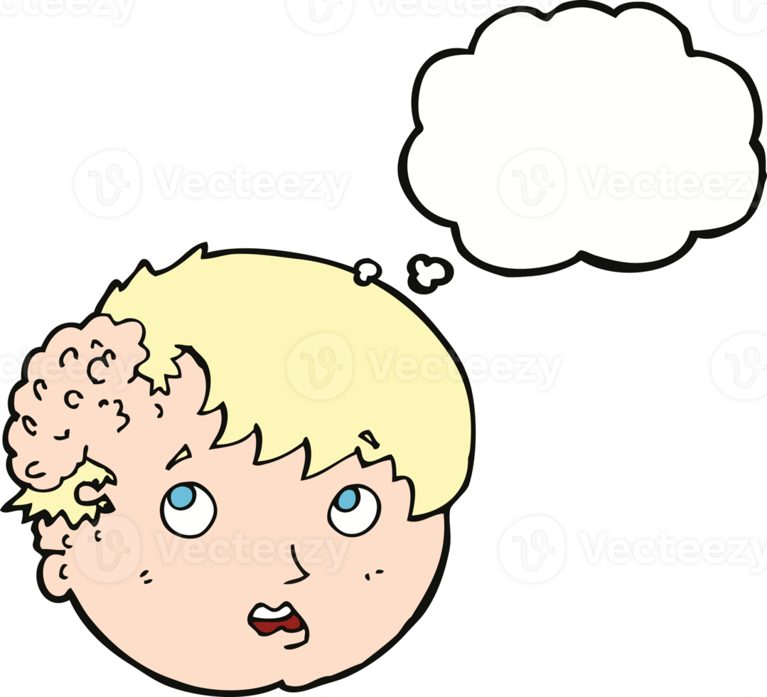 cartoon boy with ugly growth on head with thought bubble png