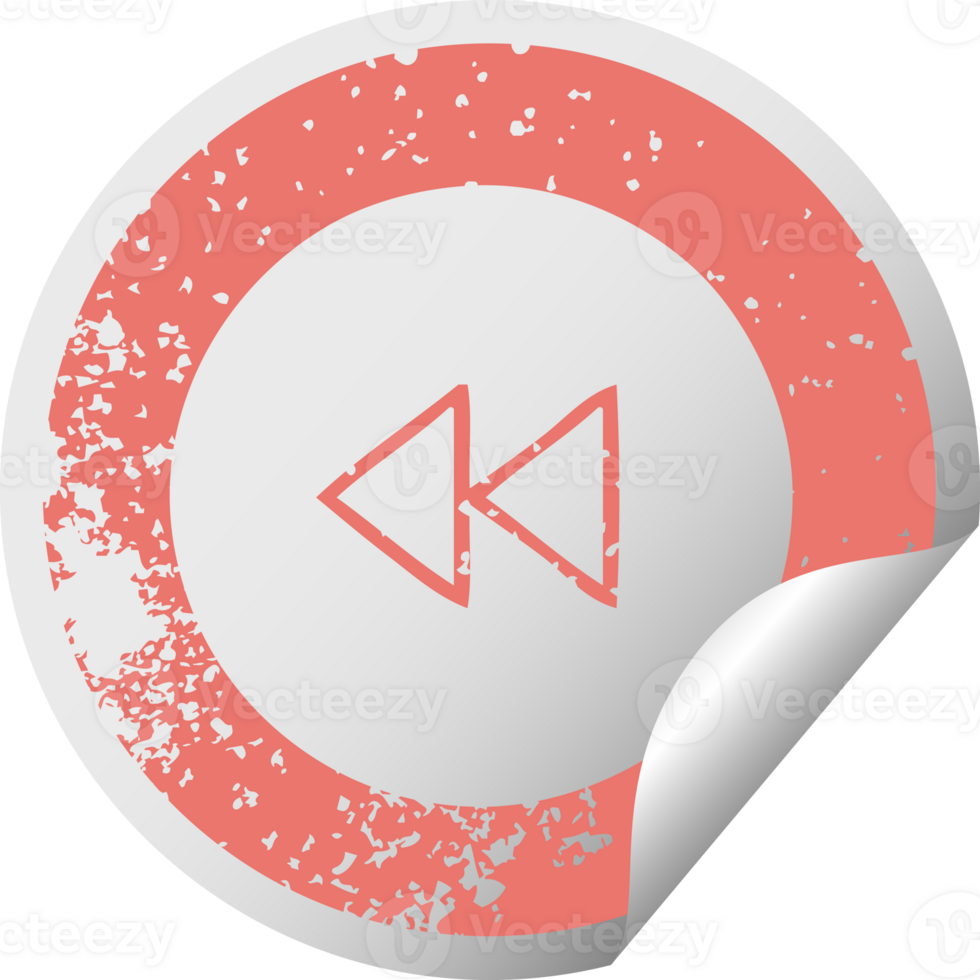 distressed circular peeling sticker symbol of a rewind button png