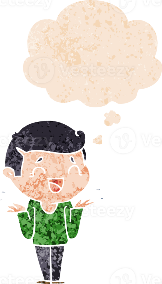 cartoon laughing confused man with thought bubble in grunge distressed retro textured style png
