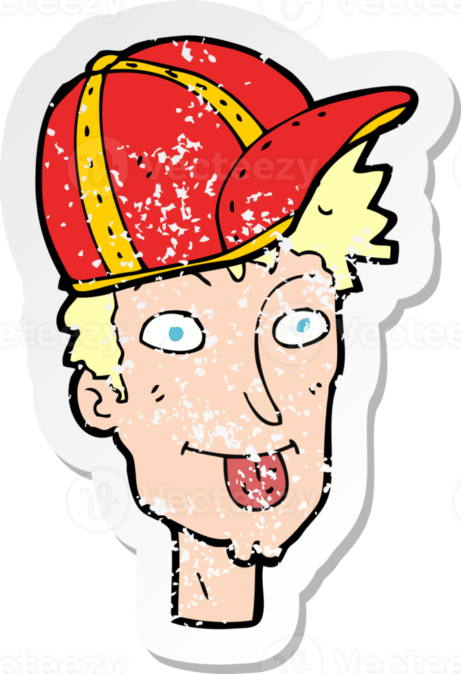 retro distressed sticker of a cartoon boy wearing cap png