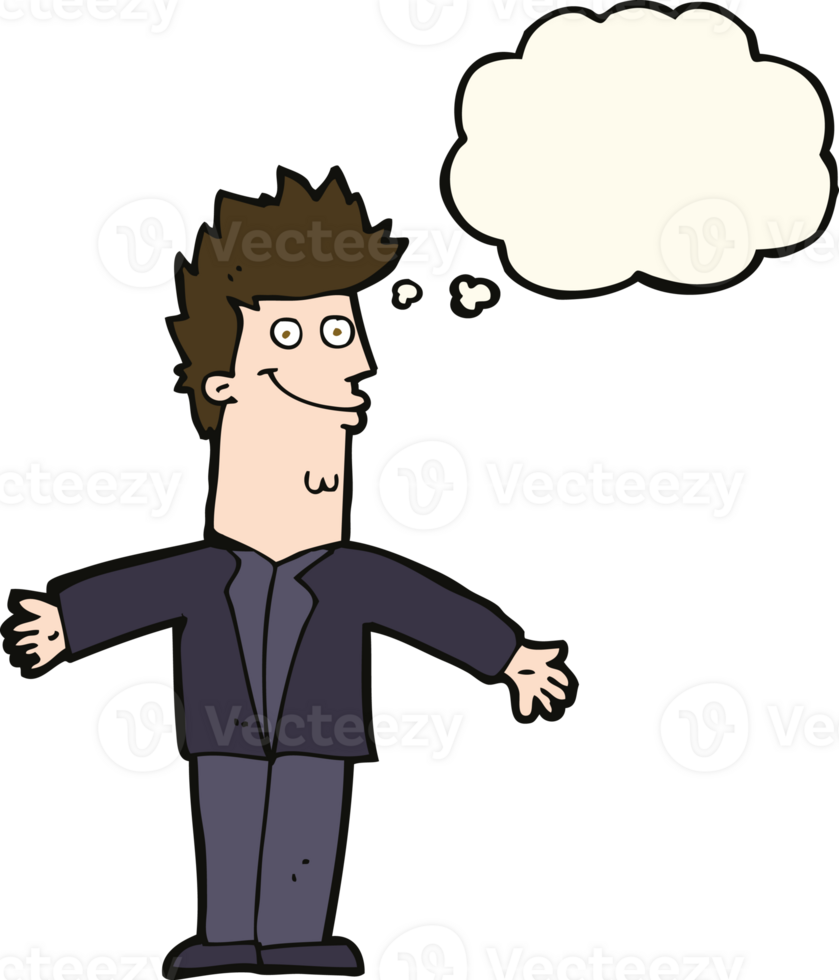 cartoon happy man with open arms with thought bubble png