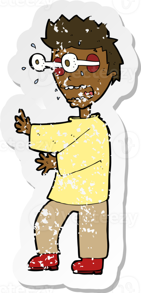 retro distressed sticker of a cartoon terrified boy png