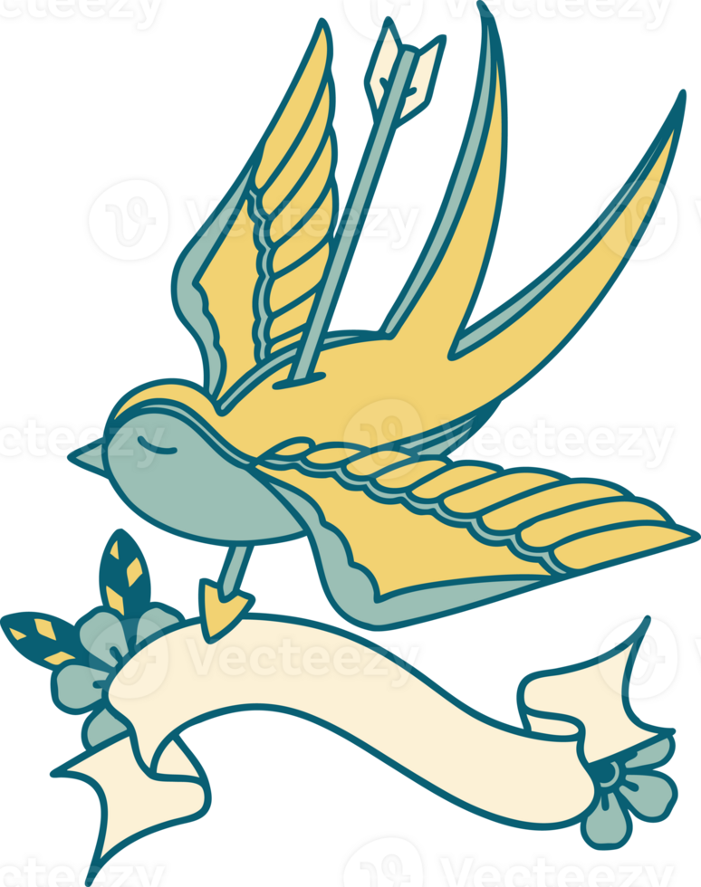 traditional tattoo with banner of a swallow pierced by arrow png