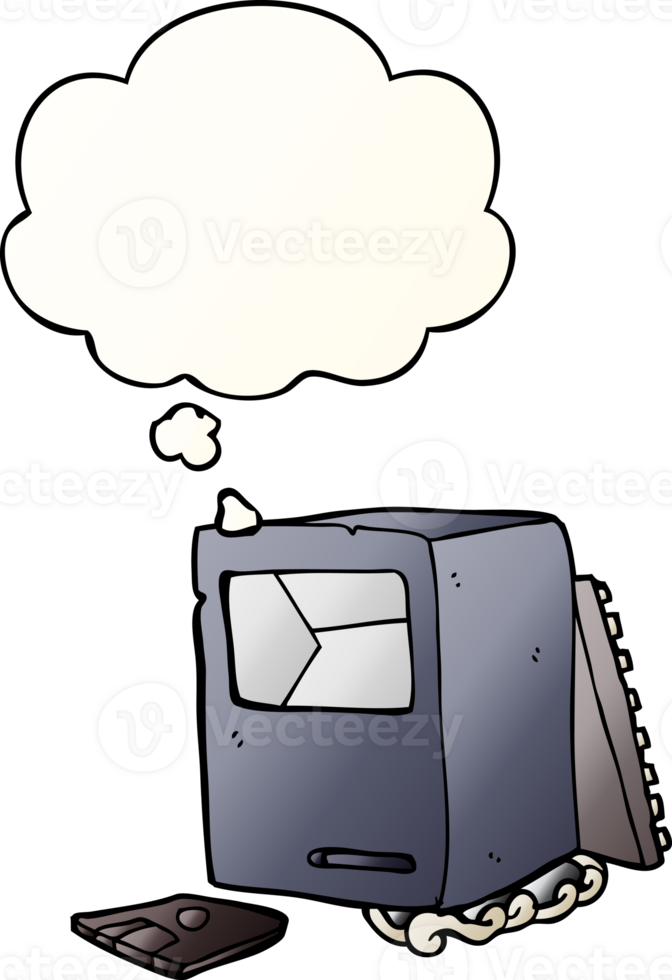 cartoon broken old computer with thought bubble in smooth gradient style png