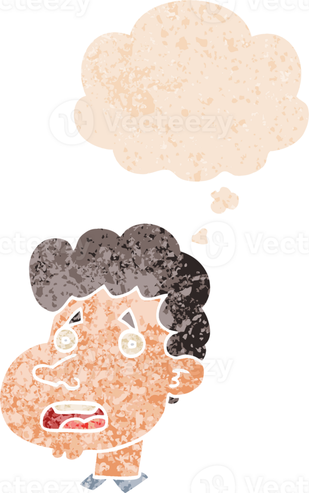 cartoon shocked man with thought bubble in grunge distressed retro textured style png