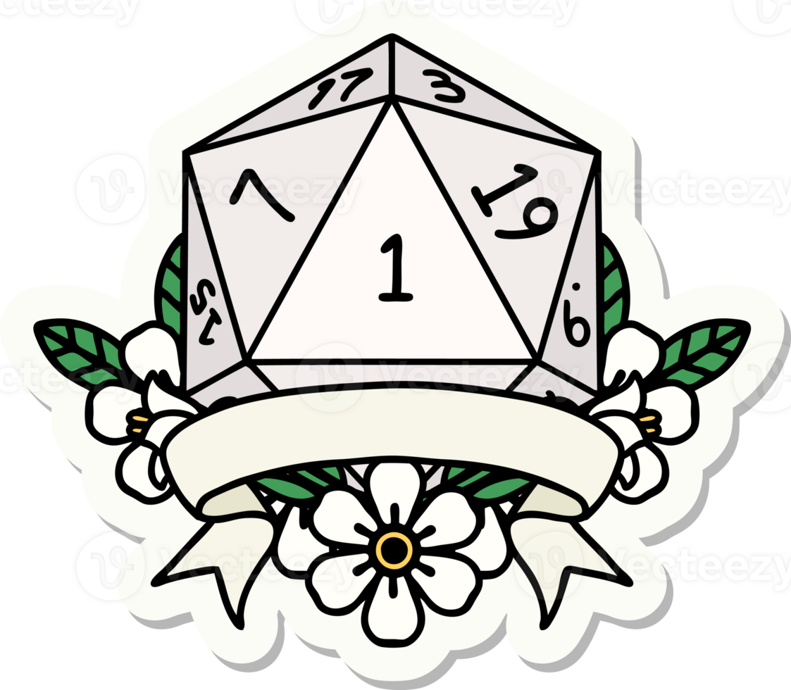 sticker of a natural one d20 dice roll png