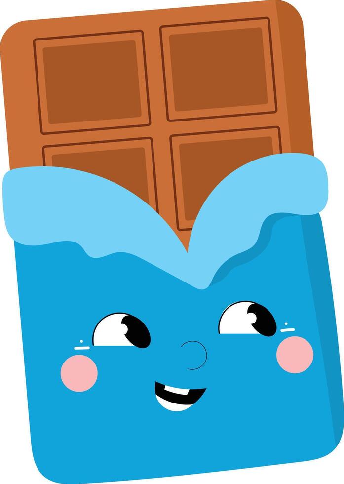 Chocolate bar with cute face in blue paper. World chocolate day. vector